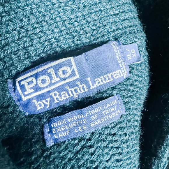 Vintage Polo Ralph Lauren Forest Green Wool Pullover with Leather Patches XL - Picture 10 of 10